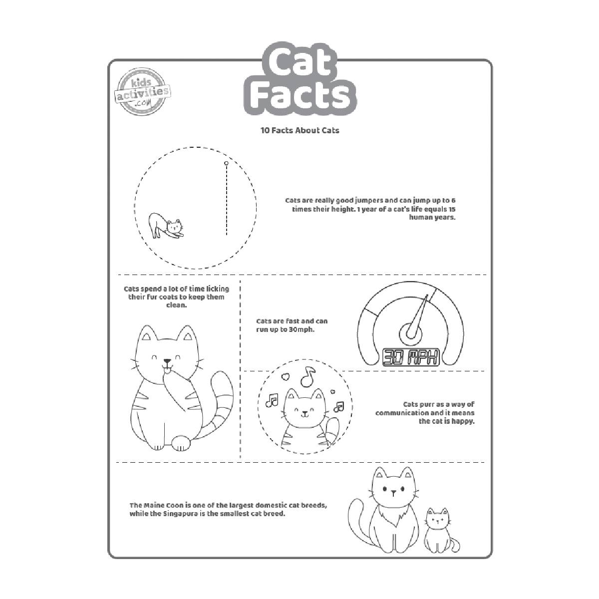 Fichier PDF imprimé sur les faits concernant les chats, page deux, présenté en noir et blanc, avec 5 faits intéressants pour les enfants sur les chats