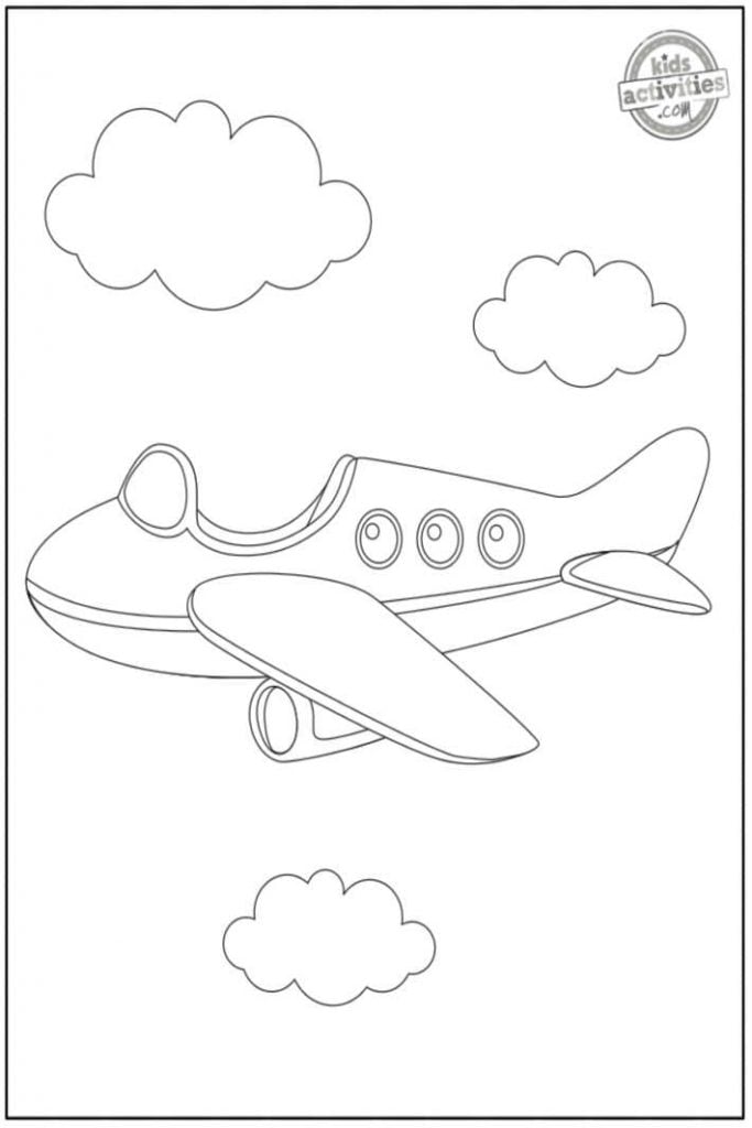 pages à colorier de jet, fichier pdf imprimé montrant un jet de dessin animé avec des nuages