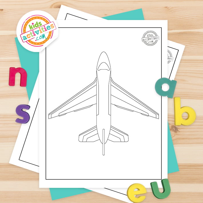 pages à colorier de jet gratuites imprimées en pdf feuille à colorier en noir et blanc sur fond de bois avec des accessoires colorés avec des activités pour enfants logo du blog