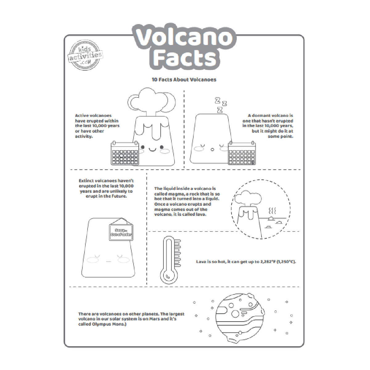 Faits sur les volcans, fichier PDF imprimé, page deux, présenté en noir et blanc avec 5 faits intéressants pour les enfants sur les volcans