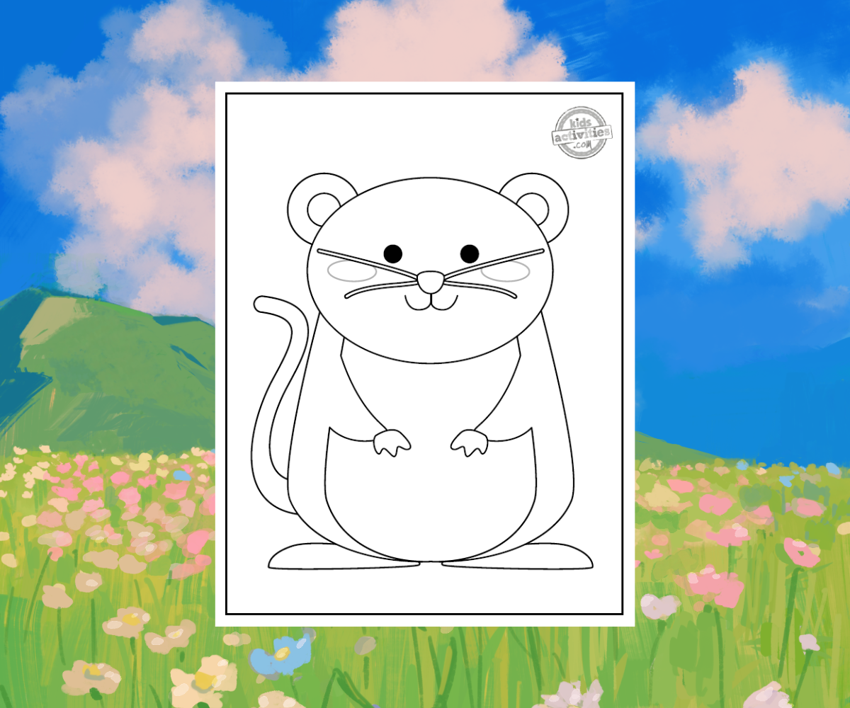 Coloriage de campagnol sur fond de prairie fleurie - blog d'activités pour enfants