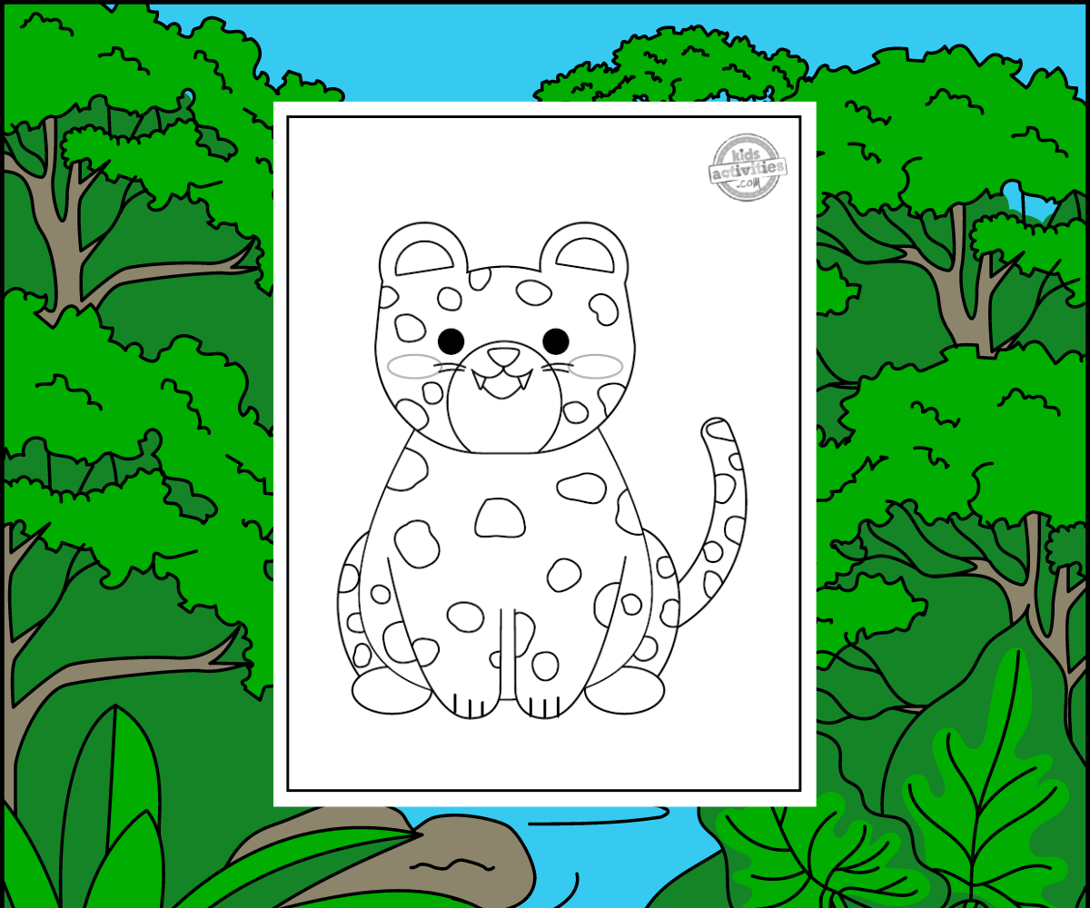 Coloriage de jaguar sur fond de forêt tropicale humide - blog d'activités pour enfants