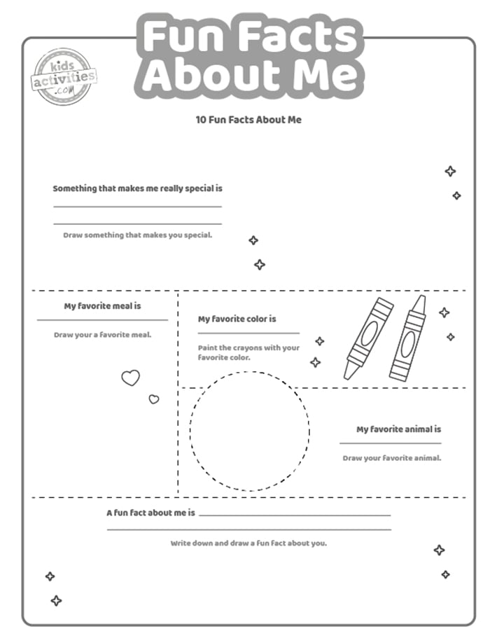 Faits amusants sur moi, fichier PDF imprimé, page deux, présenté en noir et blanc avec 5 faits intéressants pour les enfants sur moi
