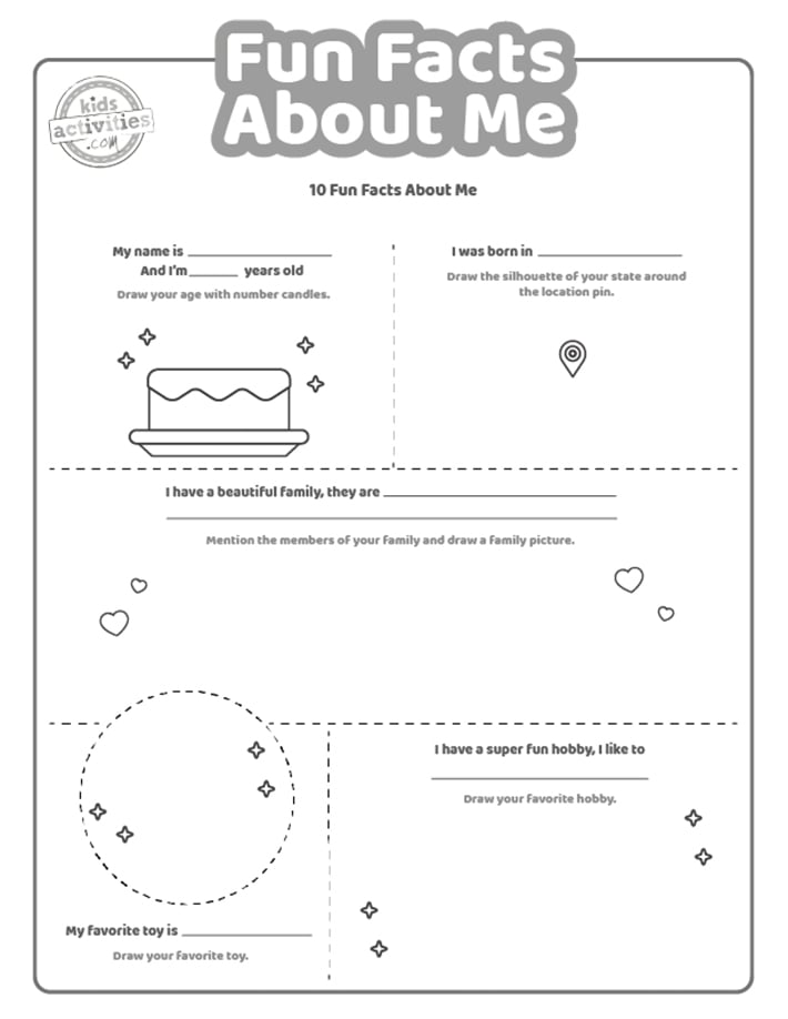 Faits amusants sur moi, fichier PDF imprimé, page 1 affichée en noir et blanc avec 5 faits intéressants pour les enfants sur moi
