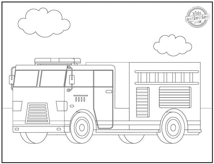 Coloriages de camions de pompiers imprimés en PDF d'un camion de pompiers plus détaillé avec 2 nuages ​​- blog d'activités pour enfants
