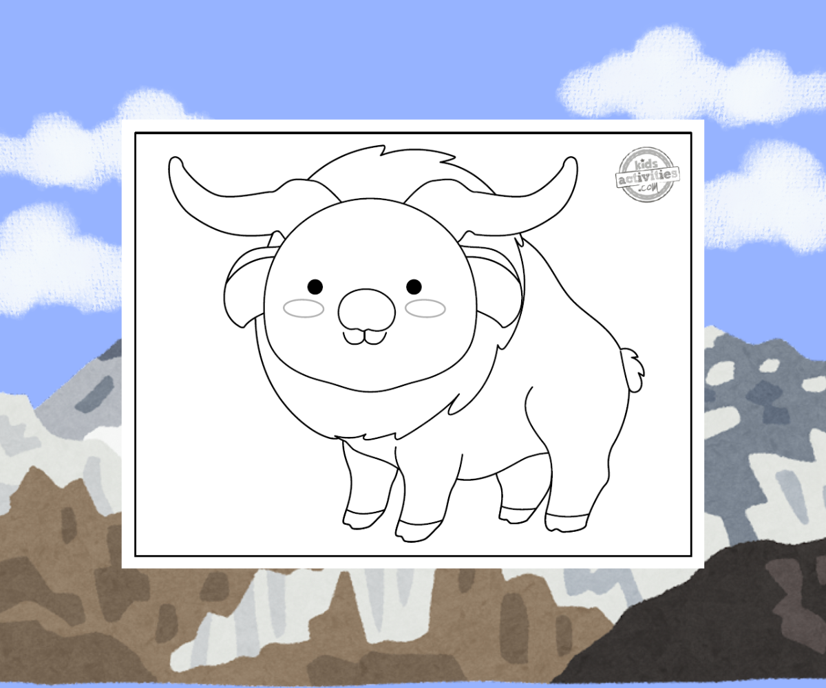 Feuille de coloriage Takin imprimée en fichier PDF sur un fond montagneux - blog d'activités pour enfants