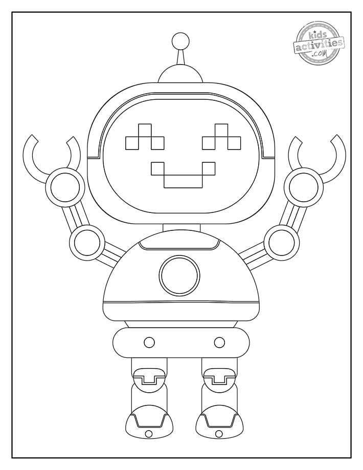 pages à colorier de robots imprimées en format PDF montrant un robot avec les mains levées et un visage souriant