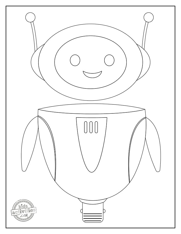 Coloriages de robots, fichier PDF imprimé d'un robot souriant