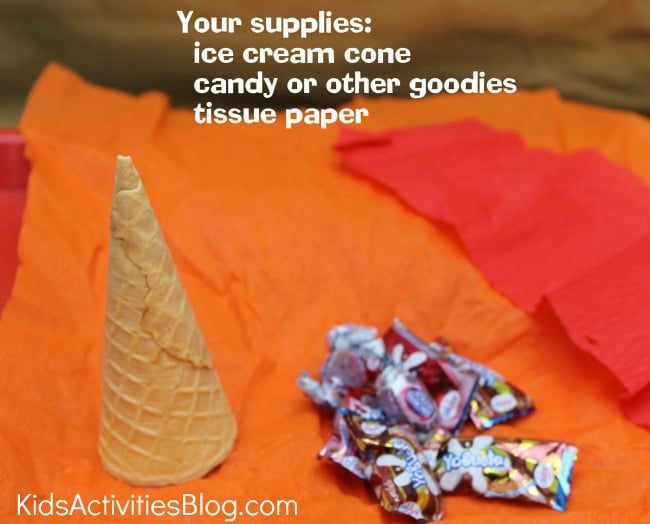 fournitures pour torches comestibles - cornets de glace, bonbons et papier de soie coloré