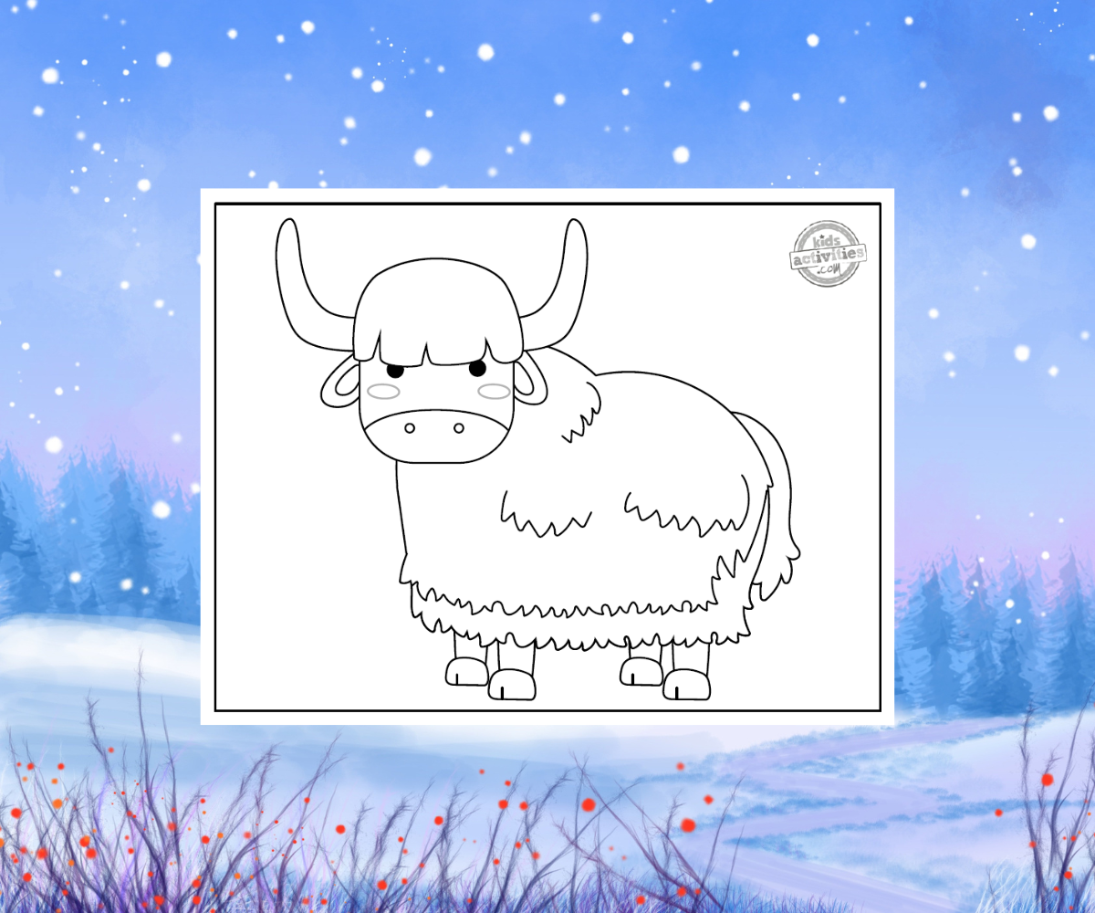 feuille de coloriage de yak sur fond enneigé - blog d'activités pour enfants