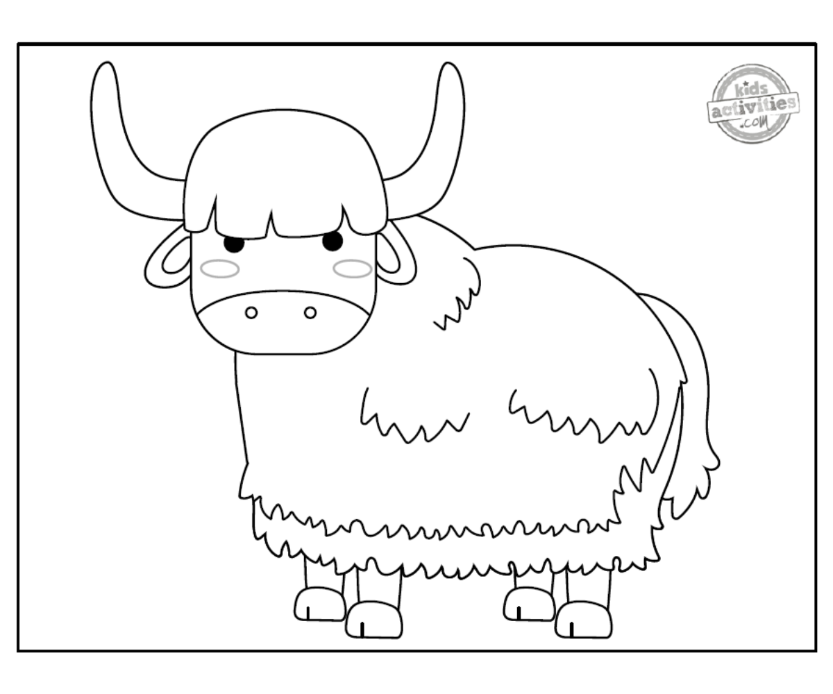 Page de coloriage de yak en noir et blanc, fichier PDF imprimé, feuille de coloriage - blog d'activités pour enfants