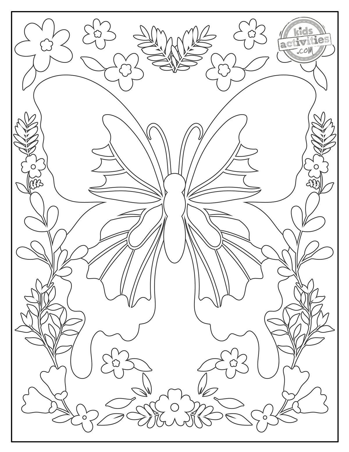 Pages à colorier d'art symétrique imprimées en noir et blanc avec un thème de papillon et de fleur, imprimables pour enfants et adultes. version pdf imprimée du blog d'activités pour enfants. 
