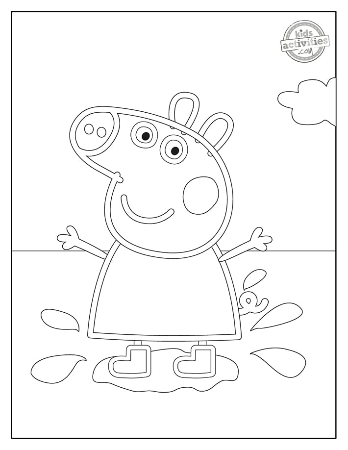Coloriage Peppa Pig fichier PDF imprimé montrant Peppa dans une flaque de pluie
