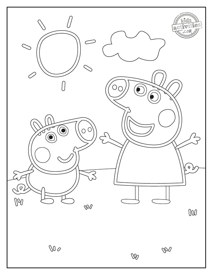Coloriage Peppa Pig fichier PDF imprimé montrant Peppa Pig et George
