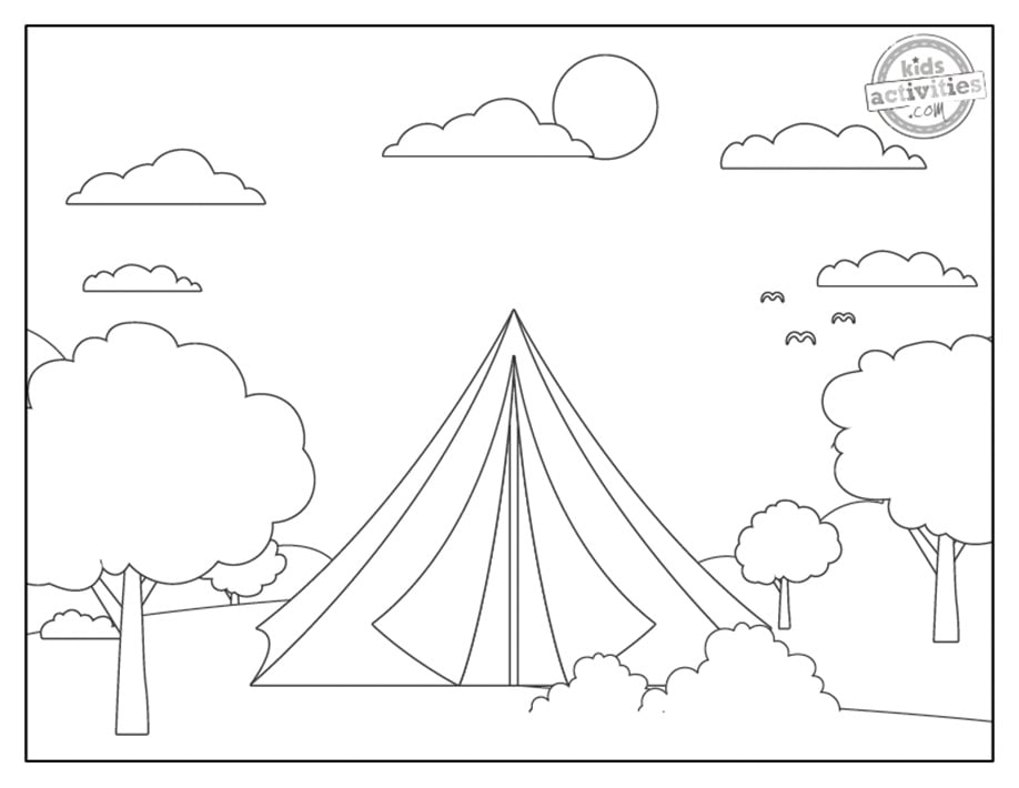 Coloriages de camping imprimés en noir et blanc, imprimables pour enfants et adultes. version pdf imprimée du blog d'activités pour enfants. 