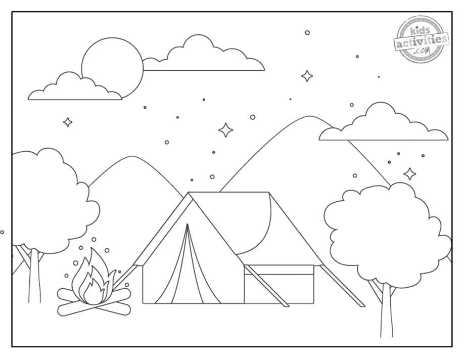 Coloriages de camping imprimés en noir et blanc, imprimables pour enfants et adultes. version pdf imprimée du blog d'activités pour enfants. 