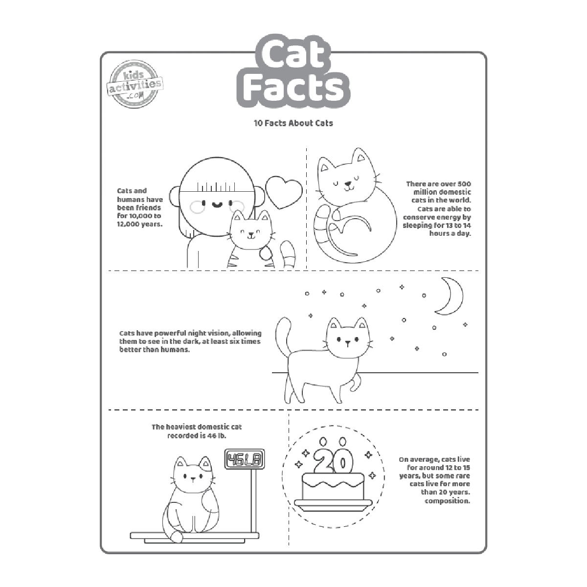 Fichier PDF imprimé sur les faits concernant les chats, page 1, présenté en noir et blanc avec 5 faits intéressants pour les enfants sur les chats