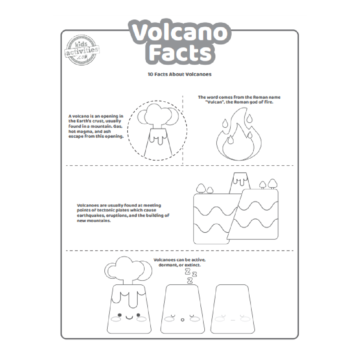 Fichier PDF imprimé sur les faits sur les volcans, page 1, présenté en noir et blanc avec 5 faits intéressants pour les enfants sur les volcans