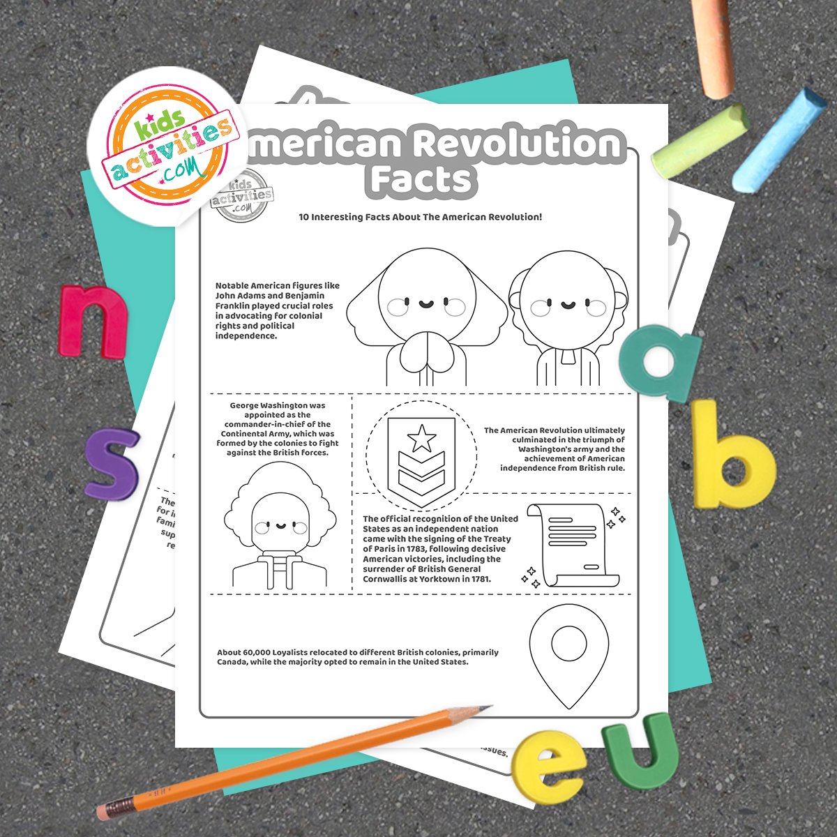 Faits sur la Révolution américaine en noir et blanc pour les enfants et de jolies images pour accompagner chaque fait ; sur des feuilles bleu-vert et violet avec des crayons assortis sur un fond gris foncé.
