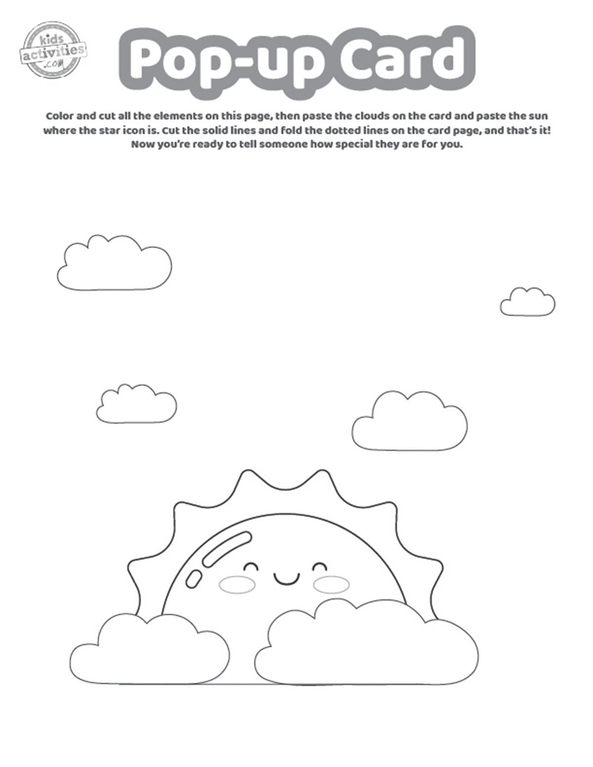 Capture d'écran d'une carte pop-up imprimée en noir et blanc avec un soleil et des nuages ​​pour les enfants, les étudiants et les adultes. version PDF imprimée du blog d'activités pour enfants. 
