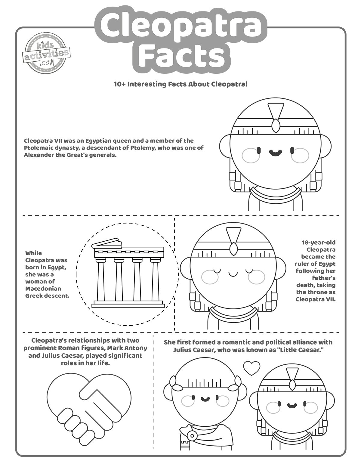 Capture d'écran d'une page à colorier en noir et blanc avec des faits sur Cléopâtre  
