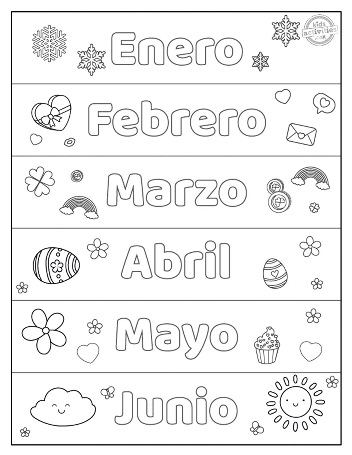 Mois imprimés en noir et blanc dans l'ordre en espagnol enero febrero marzo abril mayo junio, imprimables pour enfants et adultes. version pdf imprimée du blog d'activités pour enfants.