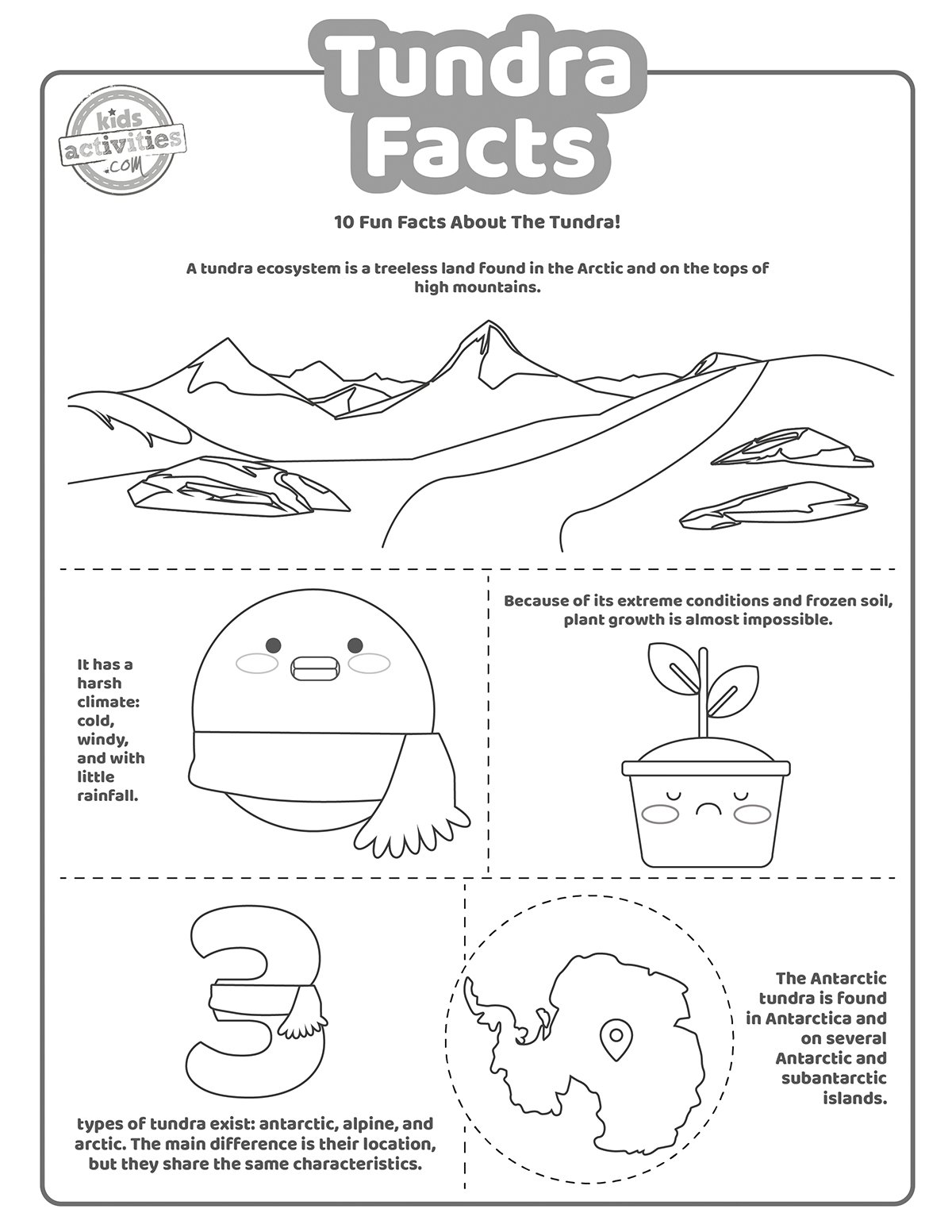 Capture d'écran d'une page à colorier en noir et blanc avec des faits sur la toundra