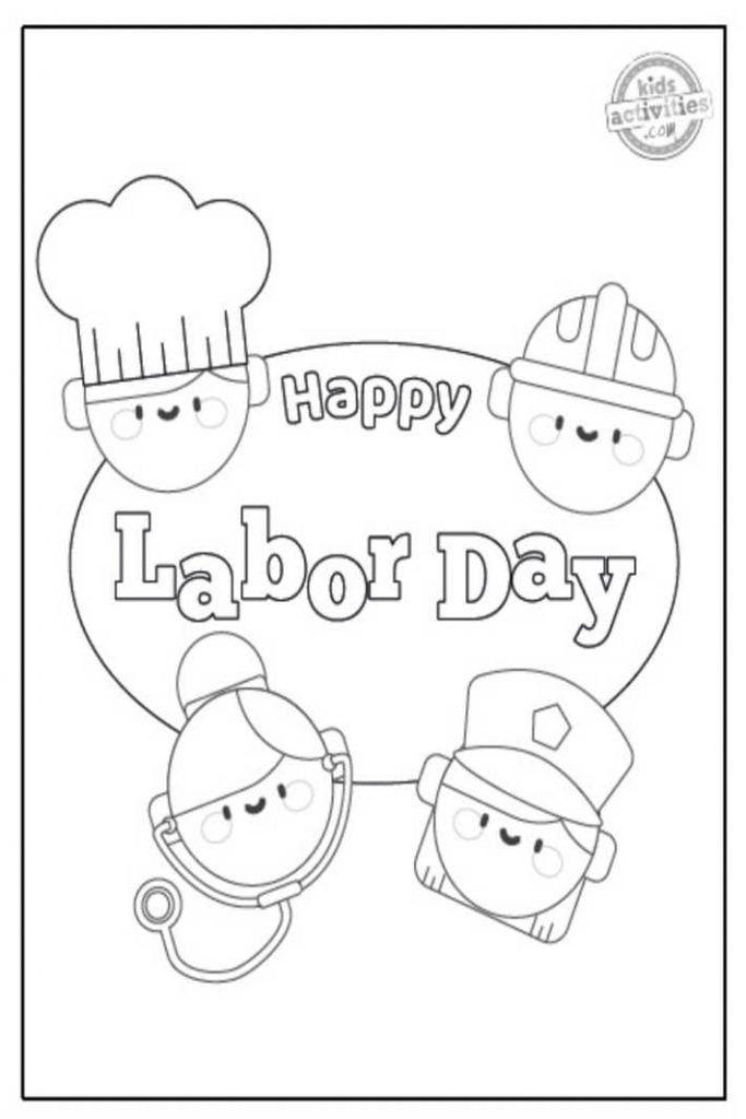 Pages à colorier de la fête du travail imprimées en pdf présentées en noir et blanc avec le texte : Bonne fête du travail et un chef, un ouvrier du bâtiment, une infirmière et un médecin - Blog d'activités pour enfants