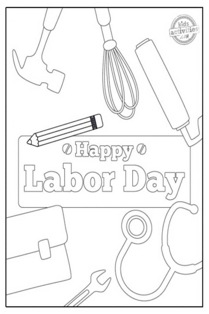 Coloriages de la fête du travail pour les enfants - texte : Bonne fête du travail avec les outils utilisés par les travailleurs américains : marteau, fouet, rouleau à peinture, crayon, mallette, clé et stéthoscope - Blog d'activités pour enfants