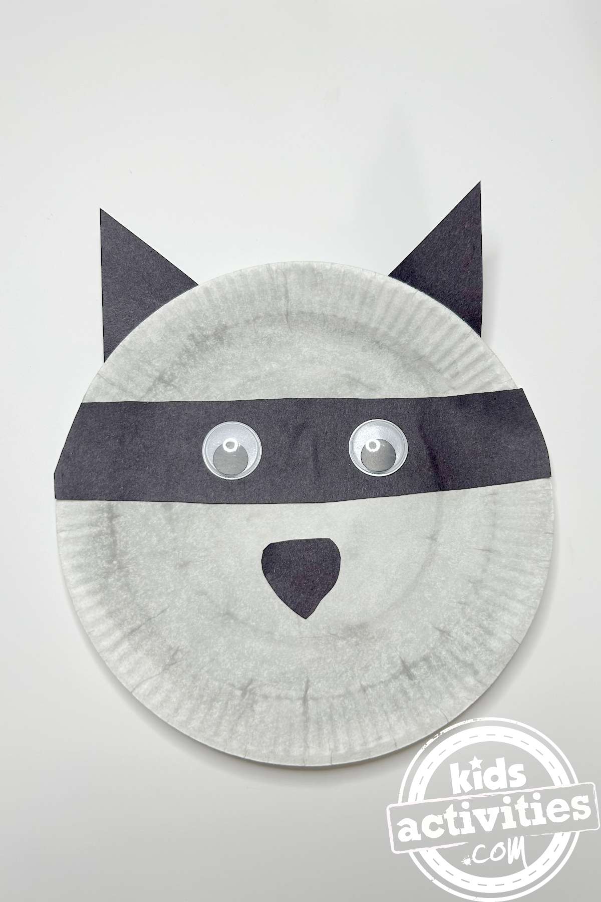 Bricolage de raton laveur terminé avec une assiette en papier peinte et du papier de construction noir et des yeux mobiles sur un fond blanc - blog d'activités pour enfants