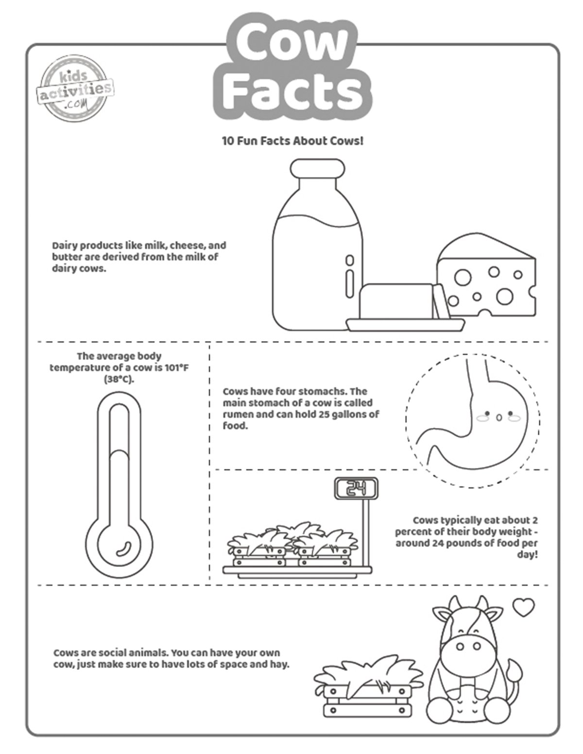 Capture d'écran d'une page à colorier en noir et blanc avec des faits sur les vaches