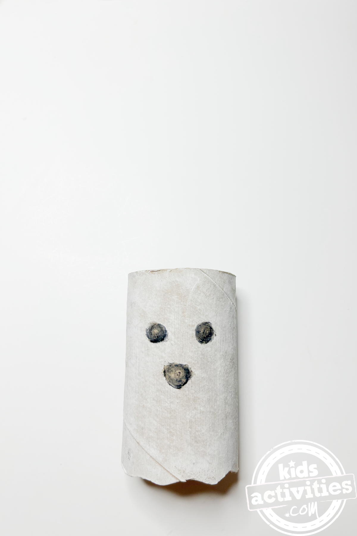 Bricolage avec un rouleau de papier toilette fantôme - Fantôme fini sur fond blanc - Blog d'activités pour enfants