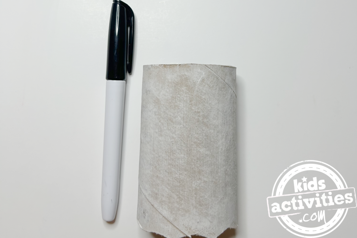 Étape 3 - Bricolage avec un rouleau de papier toilette fantôme - Avec votre feutre, dessinez deux cercles pour les yeux et un autre pour la bouche - Blog d'activités pour enfants