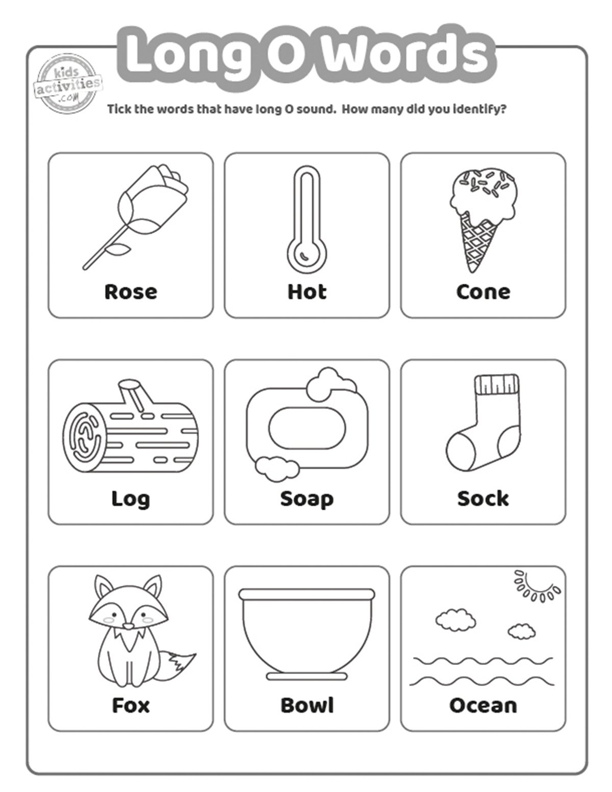 Capture d'écran d'une feuille de travail sur les mots longs O avec des images qui correspondent soit à un son O court, soit à un son O long. Imprimable pour les enfants et les adultes. Version PDF imprimée du blog d'activités pour enfants. 