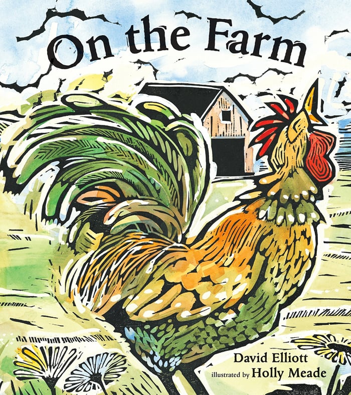 histoire d'animaux pour enfants - histoire d'animaux pour enfants - L'image montre un coq brunâtre et jaune aquarelle dans la basse-cour avec une grange brune à l'arrière d'Amazon.