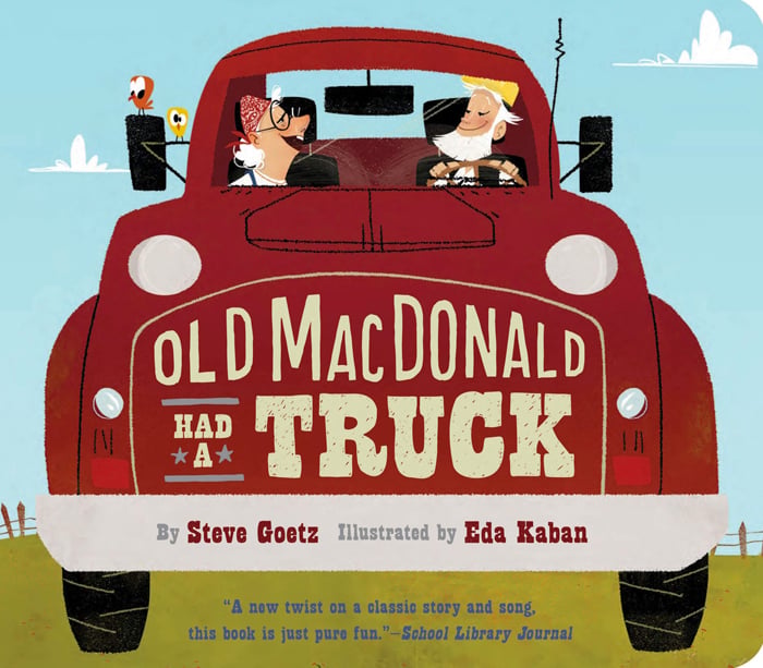 histoire d'animaux pour les enfants - L'image montre un vieux camion de ferme rouge conduit par Old Macdonald avec le titre du livre écrit sur le devant d'Amazon.
