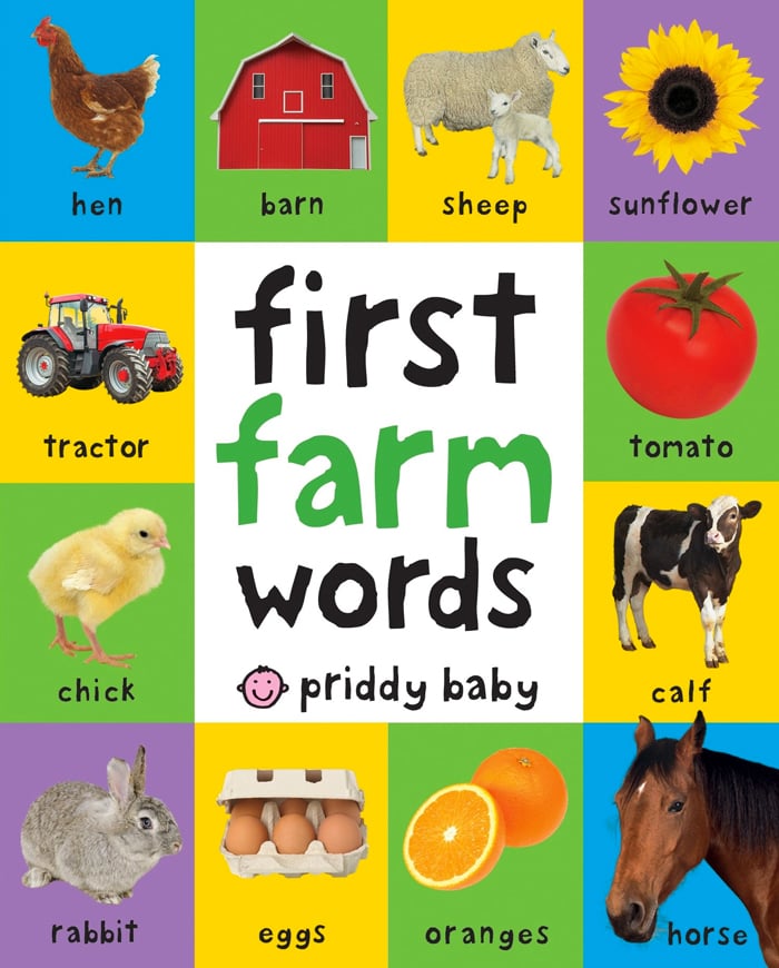 histoire d'animaux pour enfants - L'image montre une couverture de livre avec des carrés de couleur jaune, bleu, vert et violet qui contiennent des articles de la ferme comme des animaux, des fruits et légumes, des fleurs et des machines d'Amazon.