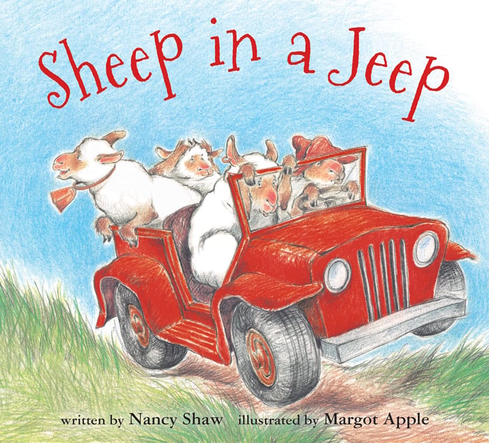 histoire d'animaux pour les enfants - L'image montre une jeep rouge pleine de moutons roulant sur une route de campagne en provenance d'Amazonie.