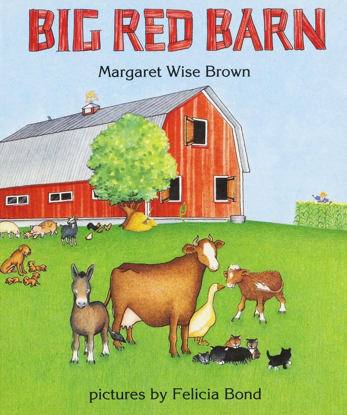 histoire d'animaux pour enfants - Couverture du livre "Big Red Barn" représentant une grande grange rouge et des animaux de basse-cour comme des vaches brunes, un âne gris et un canard jaune, entre autres