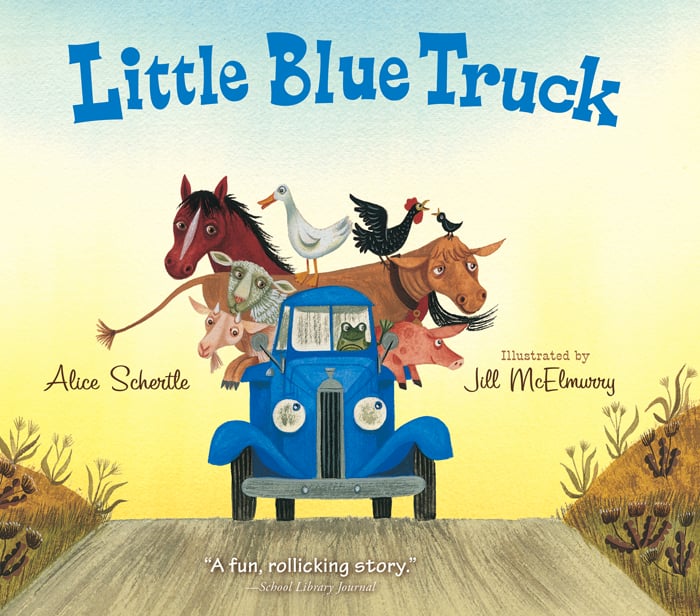 histoire d'animaux pour les enfants - L'image montre une couverture de livre avec un petit camion bleu transportant une cargaison d'animaux de la ferme d'Amazon.