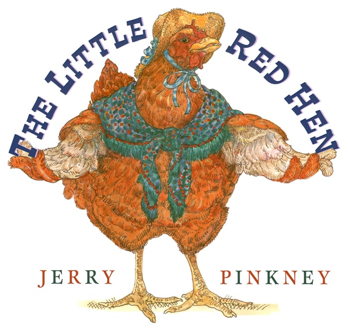 histoire d'animaux pour enfants - L'image montre un fond blanc avec les ailes d'une poule rouge déployées tenant le titre du livre arqué avec une écharpe bleu verdâtre nouée autour de ses épaules et un chapeau beige de fermier sur la tête d'Amazon.