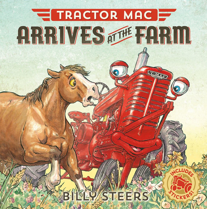 histoire d'animaux pour enfants - L'image montre un tracteur rouge et un cheval brun coincés dans un champ détrempé avec un ciel bleuâtre derrière eux depuis Amazon.