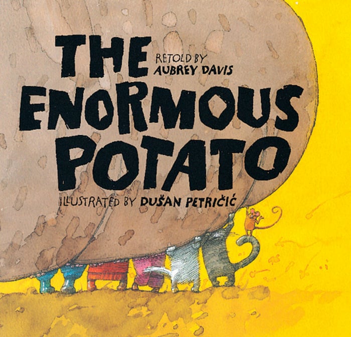 histoire d'animaux pour les enfants - L'image montre un fond jaune et une très grosse pomme de terre brune sur la gauche de la photo et de petits animaux de la ferme et un fermier en dessous soulevant d'Amazon.