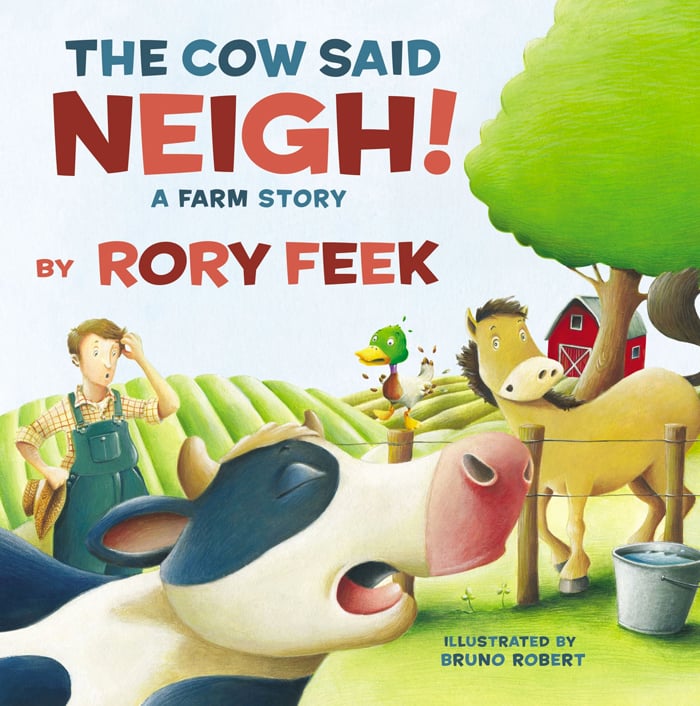 Histoire d'animaux pour enfants - L'image montre une ferme avec une grange rouge en arrière-plan ainsi qu'un arbre et un jardin. Le fermier est debout avec une vache noire et blanche, un cheval marron et un canard vert sur un poteau d'Amazon.