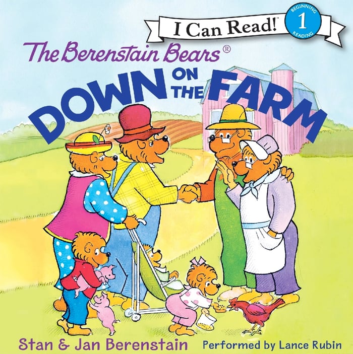 histoire d'animaux pour enfants - L'image montre maman et papa Berenstain et leurs trois oursons visitant un couple d'ours à la ferme avec en arrière-plan la ferme elle-même d'Amazon.