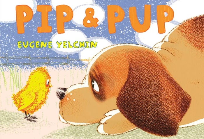 histoire d'animaux pour enfants - L'image montre un chiot brun couché face à un petit poussin jaune avec un fond de ciel bleu avec des nuages d'Amazonie.