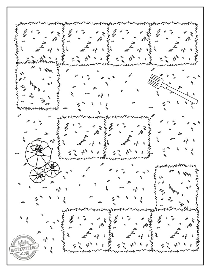 Feuille de coloriage de labyrinthe de foin imprimée en PDF, page de puzzle en noir et blanc et feuille de coloriage avec du foin, des citrouilles et une fourche - blog d'activités pour enfants