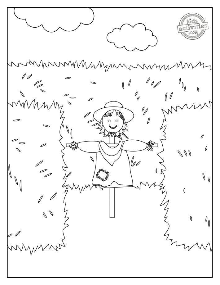 Page de coloriage d'épouvantail imprimée en PDF présentée en dessin au trait noir et blanc avec un épouvantail entouré de murs d'un labyrinthe de foin - Blog d'activités pour enfants