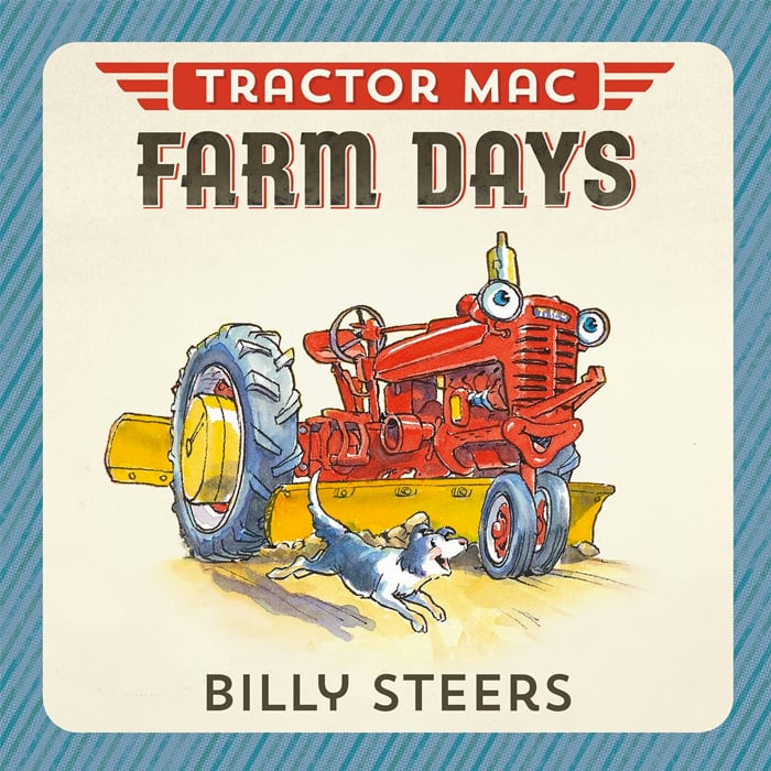 histoire d'animaux pour enfants - L'image montre un tracteur rouge sur une couverture de livre avec des roues grises d'Amazon.