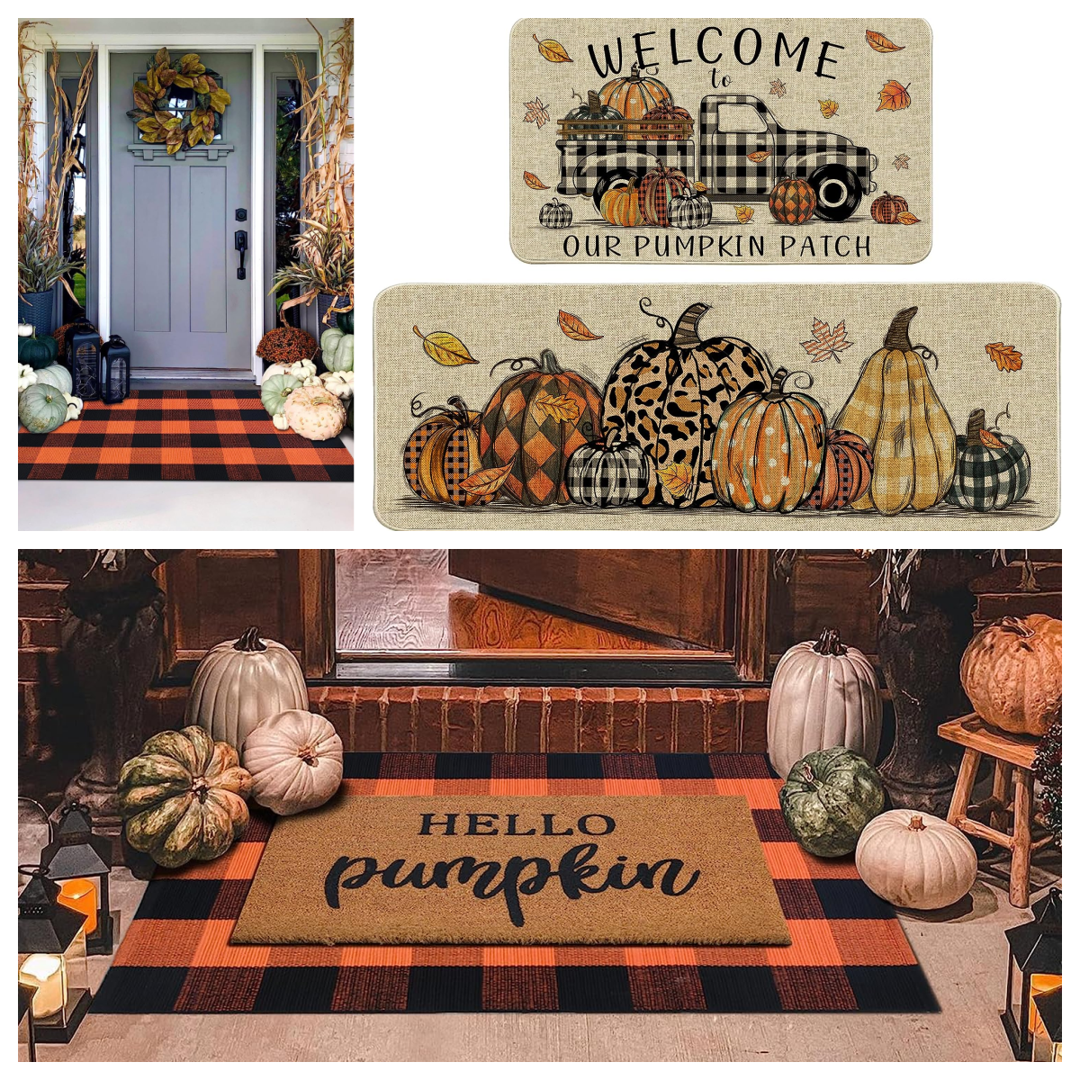 Tapis d'automne - plaid orange et noir - bienvenue dans notre champ de citrouilles - bonjour citrouille plaid orange et noir
